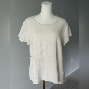 Sundance Breezy Coastal Cream Cotton Seersucker Short Sleeve Top-M